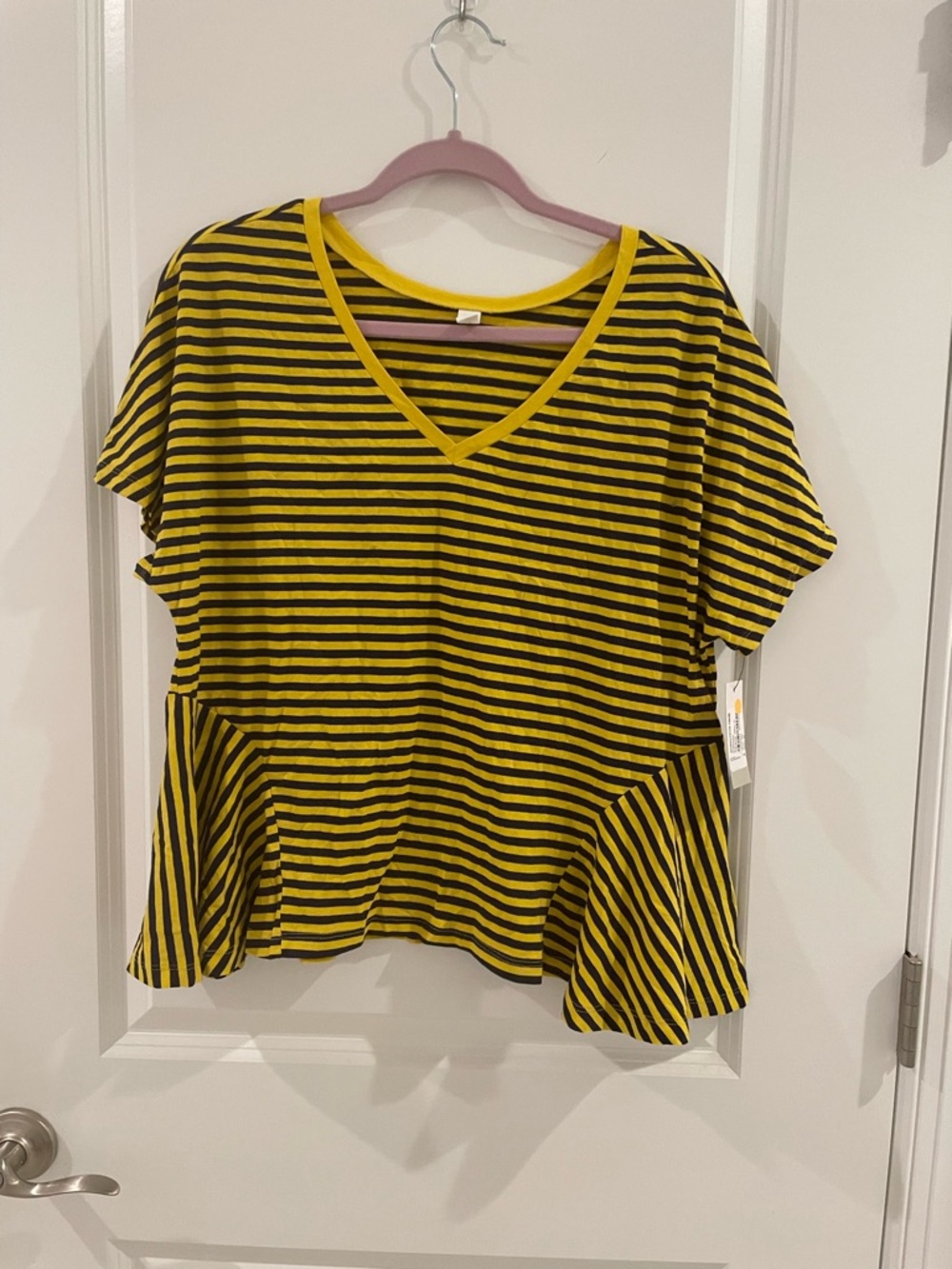BP Yellow & Blue Striped V-Neck Peplum Top